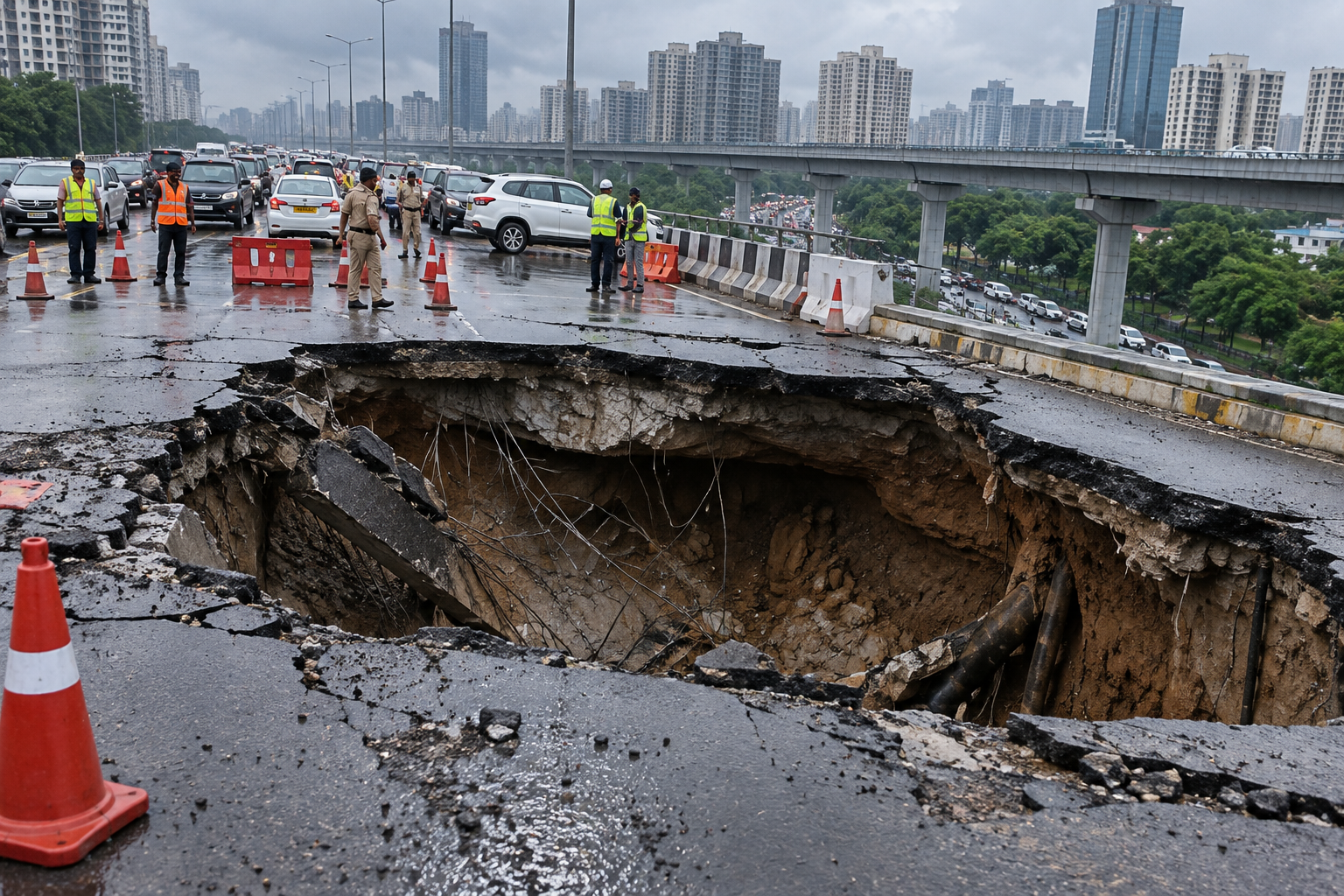 A 20-Foot Crater Just Opened Up on One of Noida's Busiest Roads
